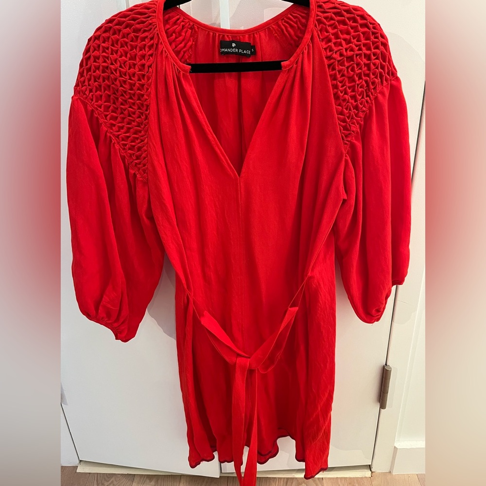 Pomander Place red 3/4 sleeve dress with tie at waist, size small